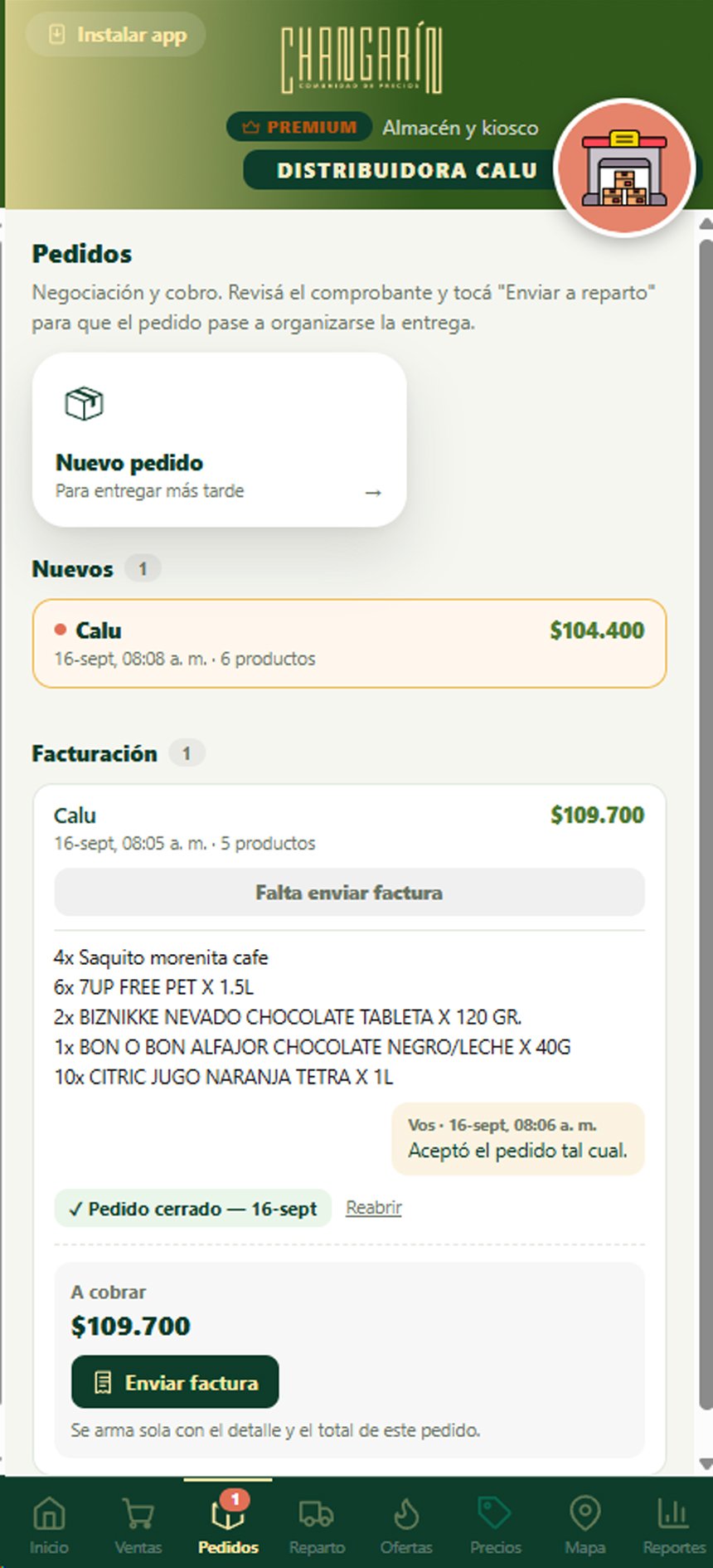 Pedido de un comercio a un mayorista en Changarín