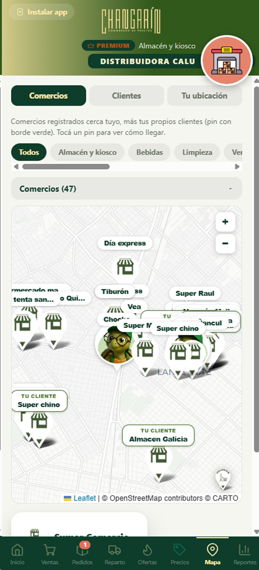 Comercios agrupados por zona en el mapa de Changarín