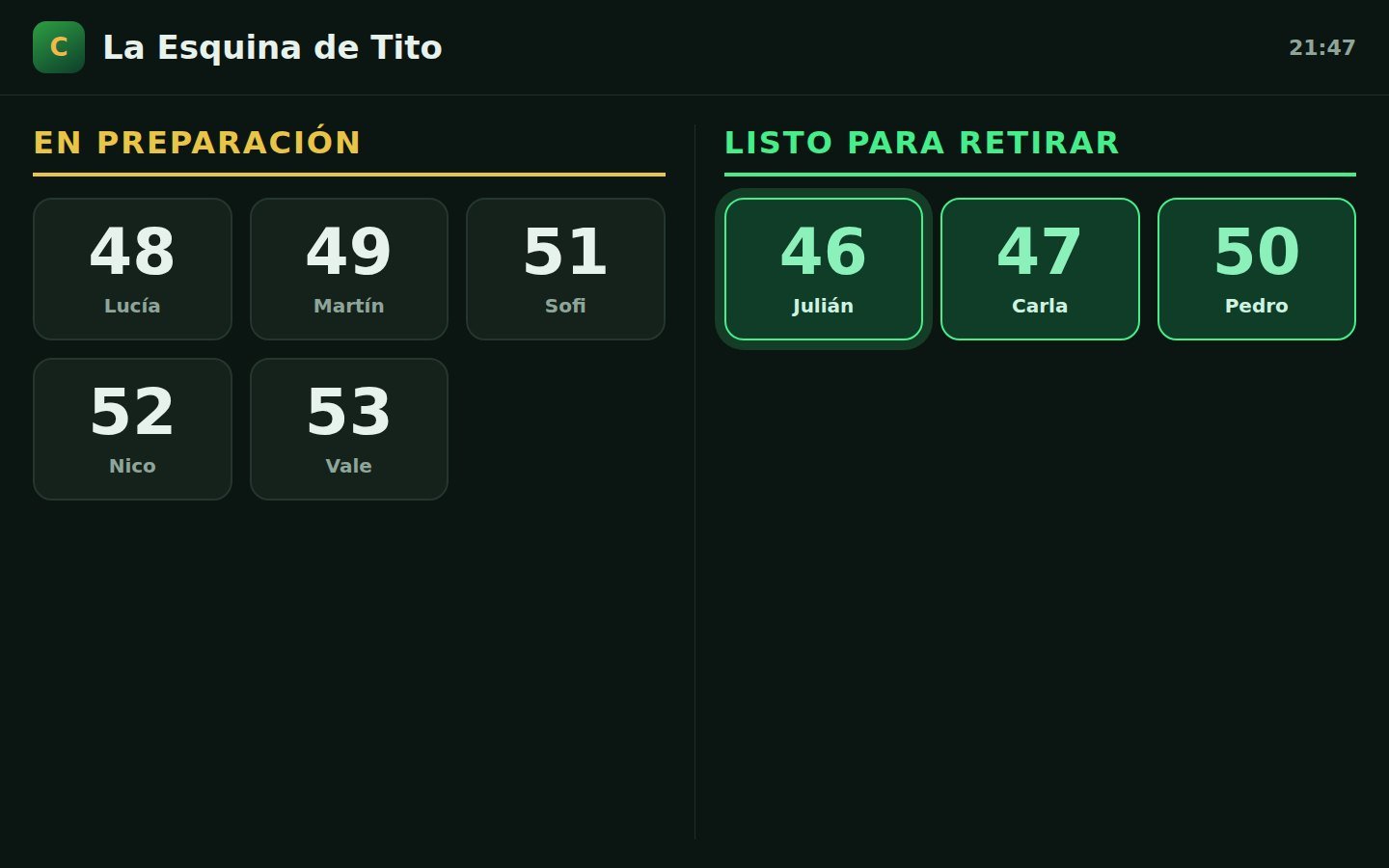 Pantalla de retiro de pedidos para el televisor del mostrador